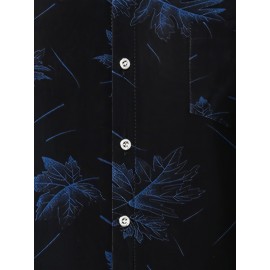Camisa casual de manga curta com botões e bolsos para homem - Estampa de folha de carvalho de verão, azul naval, ajuste solto, poliéster leve, perfeita para atitudes casuais, camisas para o verão