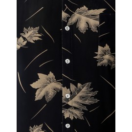 Camisa casual de manga curta com botões e bolsos para homem - Estampa de folha de carvalho de verão, azul naval, ajuste solto, poliéster leve, perfeita para atitudes casuais, camisas para o verão