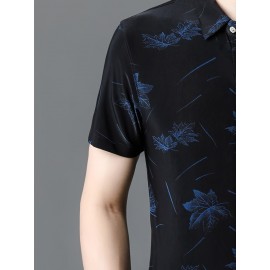 Camisa casual de manga curta com botões e bolsos para homem - Estampa de folha de carvalho de verão, azul naval, ajuste solto, poliéster leve, perfeita para atitudes casuais, camisas para o verão
