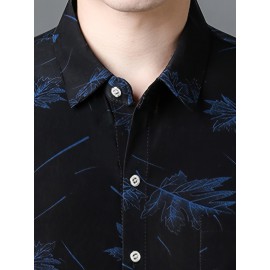 Camisa casual de manga curta com botões e bolsos para homem - Estampa de folha de carvalho de verão, azul naval, ajuste solto, poliéster leve, perfeita para atitudes casuais, camisas para o verão
