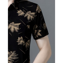 Camisa casual de manga curta com botões e bolsos para homem - Estampa de folha de carvalho de verão, azul naval, ajuste solto, poliéster leve, perfeita para atitudes casuais, camisas para o verão
