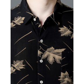 Camisa casual de manga curta com botões e bolsos para homem - Estampa de folha de carvalho de verão, azul naval, ajuste solto, poliéster leve, perfeita para atitudes casuais, camisas para o verão