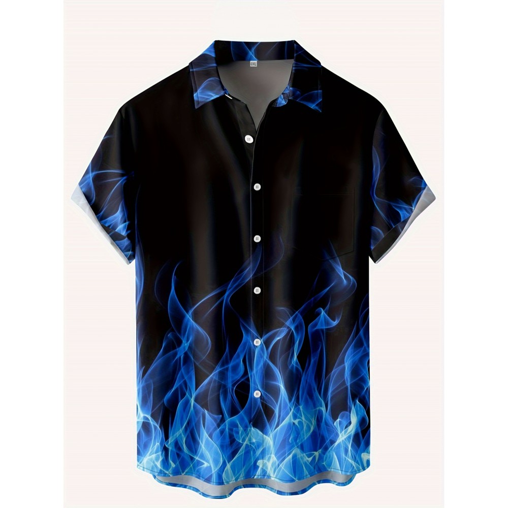 Camisa havaiana de manga curta com padrão artístico para homem - Azul vibrante e preto com estampa geométrica, botão casual para atividades ao ar livre, ajuste confortável para todas as estações, roupa casual para atividades ao ar livre | Camisa com padrã