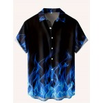 Camisa havaiana de manga curta com padrão artístico para homem - Azul vibrante e preto com estampa geométrica, botão casual para atividades ao ar livre, ajuste confortável para todas as estações, roupa casual para atividades ao ar livre | Camisa com padrã