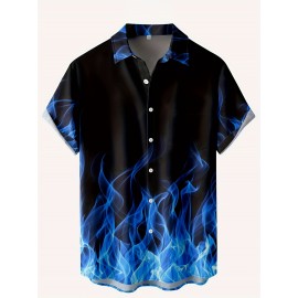 Camisa havaiana de manga curta com padrão artístico para homem - Azul vibrante e preto com estampa geométrica, botão casual para atividades ao ar livre, ajuste confortável para todas as estações, roupa casual para atividades ao ar livre | Camisa com padrã