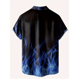 Camisa havaiana de manga curta com padrão artístico para homem - Azul vibrante e preto com estampa geométrica, botão casual para atividades ao ar livre, ajuste confortável para todas as estações, roupa casual para atividades ao ar livre | Camisa com padrã