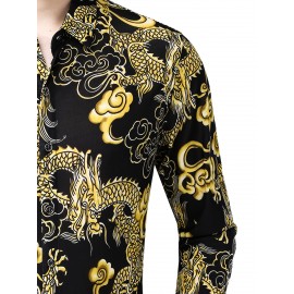 Camisa Masculina SINBOS com Estampa de Dragão e Flores - Camisa Grossa para Verão, Gola Quadrada, Preto e Dourado, Corte Solto Alternativa a Blazer Formal/Casual para Festas/Escritório - Design Transparente, Tecido Durável, Ideal para Eventos