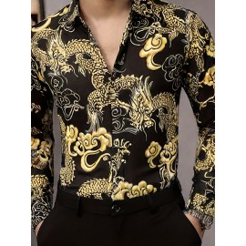 Camisa Masculina SINBOS com Estampa de Dragão e Flores - Camisa Grossa para Verão, Gola Quadrada, Preto e Dourado, Corte Solto Alternativa a Blazer Formal/Casual para Festas/Escritório - Design Transparente, Tecido Durável, Ideal para Eventos