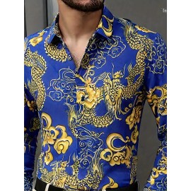 Camisa Masculina SINBOS com Estampa de Dragão e Flores - Camisa Grossa para Verão, Gola Quadrada, Preto e Dourado, Corte Solto Alternativa a Blazer Formal/Casual para Festas/Escritório - Design Transparente, Tecido Durável, Ideal para Eventos