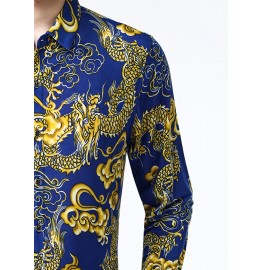 Camisa Masculina SINBOS com Estampa de Dragão e Flores - Camisa Grossa para Verão, Gola Quadrada, Preto e Dourado, Corte Solto Alternativa a Blazer Formal/Casual para Festas/Escritório - Design Transparente, Tecido Durável, Ideal para Eventos