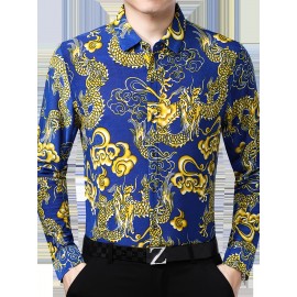 Camisa Masculina SINBOS com Estampa de Dragão e Flores - Camisa Grossa para Verão, Gola Quadrada, Preto e Dourado, Corte Solto Alternativa a Blazer Formal/Casual para Festas/Escritório - Design Transparente, Tecido Durável, Ideal para Eventos