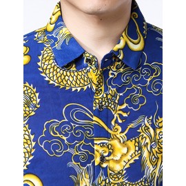 Camisa Masculina SINBOS com Estampa de Dragão e Flores - Camisa Grossa para Verão, Gola Quadrada, Preto e Dourado, Corte Solto Alternativa a Blazer Formal/Casual para Festas/Escritório - Design Transparente, Tecido Durável, Ideal para Eventos
