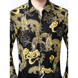 Camisa Masculina SINBOS com Estampa de Dragão e Flores - Camisa Grossa para Verão, Gola Quadrada, Preto e Dourado, Corte Solto Alternativa a Blazer Formal/Casual para Festas/Escritório - Design Transparente, Tecido Durável, Ideal para Eventos