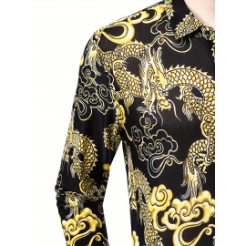 Camisa Masculina SINBOS com Estampa de Dragão e Flores - Camisa Grossa para Verão, Gola Quadrada, Preto e Dourado, Corte Solto Alternativa a Blazer Formal/Casual para Festas/Escritório - Design Transparente, Tecido Durável, Ideal para Eventos
