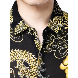 Camisa Masculina SINBOS com Estampa de Dragão e Flores - Camisa Grossa para Verão, Gola Quadrada, Preto e Dourado, Corte Solto Alternativa a Blazer Formal/Casual para Festas/Escritório - Design Transparente, Tecido Durável, Ideal para Eventos