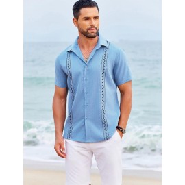 Camisas Cubanas Guayabera ELESOL para Homens Manga Curta Camisas Botão Casual Camisas de Férias de Verão