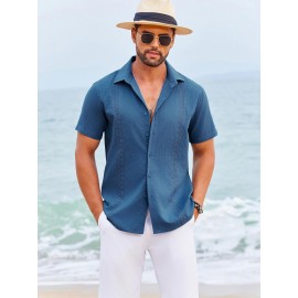 Camisas Cubanas Guayabera ELESOL para Homens Manga Curta Camisas Botão Casual Camisas de Férias de Verão