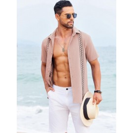 Camisas Cubanas Guayabera ELESOL para Homens Manga Curta Camisas Botão Casual Camisas de Férias de Verão