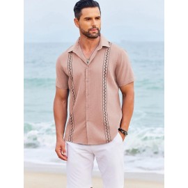 Camisas Cubanas Guayabera ELESOL para Homens Manga Curta Camisas Botão Casual Camisas de Férias de Verão