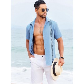 Camisas Cubanas Guayabera ELESOL para Homens Manga Curta Camisas Botão Casual Camisas de Férias de Verão
