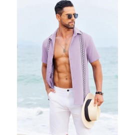 Camisas Cubanas Guayabera ELESOL para Homens Manga Curta Camisas Botão Casual Camisas de Férias de Verão