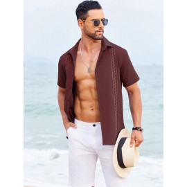 Camisas Cubanas Guayabera ELESOL para Homens Manga Curta Camisas Botão Casual Camisas de Férias de Verão