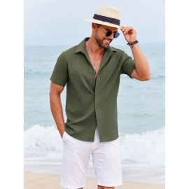 Camisas Cubanas Guayabera ELESOL para Homens Manga Curta Camisas Botão Casual Camisas de Férias de Verão