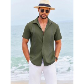 Camisas Cubanas Guayabera ELESOL para Homens Manga Curta Camisas Botão Casual Camisas de Férias de Verão