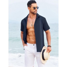 Camisas Cubanas Guayabera ELESOL para Homens Manga Curta Camisas Botão Casual Camisas de Férias de Verão