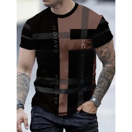 Camiseta Casual Masculina Preta Xadrez, 100% Poliéster, Gola Redonda, Lavável à Máquina - Todas as Estações, Xadrez Preto
