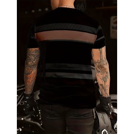 Camiseta Casual Masculina Preta Xadrez, 100% Poliéster, Gola Redonda, Lavável à Máquina - Todas as Estações, Xadrez Preto