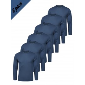 Conjunto de 6 Camisetas Esportivas Masculinas de Manga Longa Absorventes de Umidade - respiráveis, de secagem rápida, tecido de poliéster ligeiramente elástico - camiseta de cor sólida para esportes, fitness casual e vestuário casual