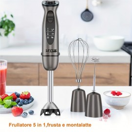 Batedeira manual 5 em 1 SPZTJK com motor potente, design de corda de 12 velocidades, lâminas de aço inoxidável e ABS, gelo, leite, sopa e muito mais - Cinza, aparelho de cozinha, batedeira versátil, utensílios de cozinha modernos, construção durável