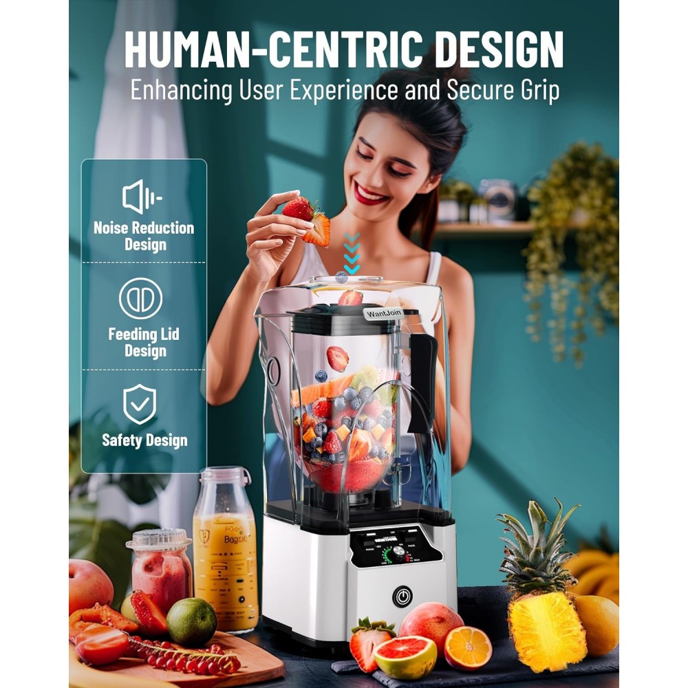 WantJoin Liquidificador de Alta Resistência 2200W - Ultra-Silencioso de Grau Comercial com Caixa de Som, Display Digital & Controles de Mistura - Ideal para Smoothies & Uso em Restaurantes - Plugue dos EUA, Liquidificadores para Cozinha