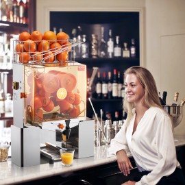 Máquina de Extrator de Suco de Laranja Comercial VEVOR, 120W, com Torneira de Água, Extrator Automático de Suco de Aço Inoxidável, 20 Laranjas por Minuto, Caixa de Filtro Removível, Capa de PC, 2 Recipientes de Coleta de Casca