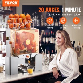 Máquina de Extrator de Suco de Laranja Comercial VEVOR, 120W, com Torneira de Água, Extrator Automático de Suco de Aço Inoxidável, 20 Laranjas por Minuto, Caixa de Filtro Removível, Capa de PC, 2 Recipientes de Coleta de Casca