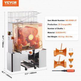 Máquina de Extrator de Suco de Laranja Comercial VEVOR, 120W, com Torneira de Água, Extrator Automático de Suco de Aço Inoxidável, 20 Laranjas por Minuto, Caixa de Filtro Removível, Capa de PC, 2 Recipientes de Coleta de Casca