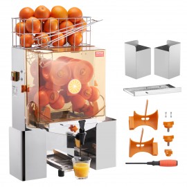 Máquina de Extrator de Suco de Laranja Comercial VEVOR, 120W, com Torneira de Água, Extrator Automático de Suco de Aço Inoxidável, 20 Laranjas por Minuto, Caixa de Filtro Removível, Capa de PC, 2 Recipientes de Coleta de Casca