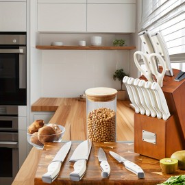 Conjunto de Facas, 14 peças de Facas de Cozinha em Aço Inoxidável Alemão com Bloco e Afiador Embutido, Branco