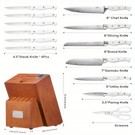 Conjunto de Facas, 14 peças de Facas de Cozinha em Aço Inoxidável Alemão com Bloco e Afiador Embutido, Branco