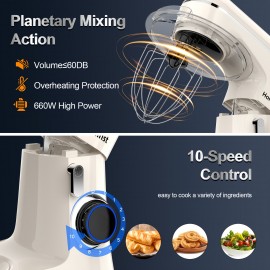 Misturador de Cozinha Elétrico 3-em-1 com 6.5QT e 10 Velocidades, Misturador de Alimentos com Cabeça Inclinável de 660W, Gancho para Massa, Batedor e Espátula, Ideal para Panificação, Bolos e a Maioria dos Cozinheiros Domésticos