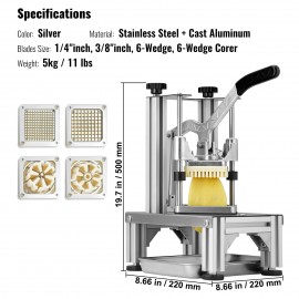 Cortador de Batatas Fritas Comercial VEVOR com 4 Lâminas de Substituição, Cortador de Cubos Fácil de 1/4 & 3/8 Lâminas, Fatiador de 6 cunhas & Descaroçador de Maçã de 6 cunhas, Cortador de Batata com Limão para Batatas Fritas com Bandeja e Alça