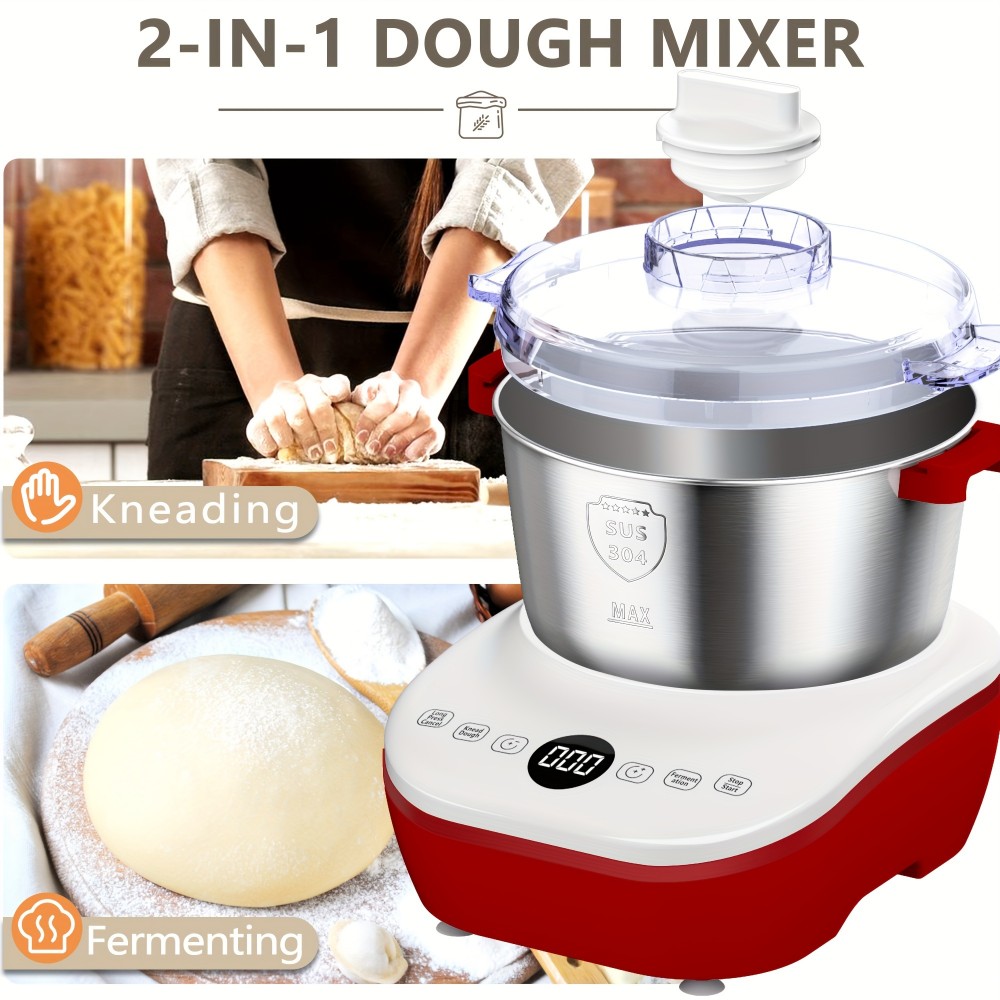 Misturador Elétrico de Massa de 7.3Qt com Função de Fermentação, Tigela em Aço Inoxidável, Temporizador por Microprocessador, Design Vermelho e Branco - Perfeito para Pão, Pizza e Amassar - Presente Ideal de Natal, Máquina Misturadora de Massa
