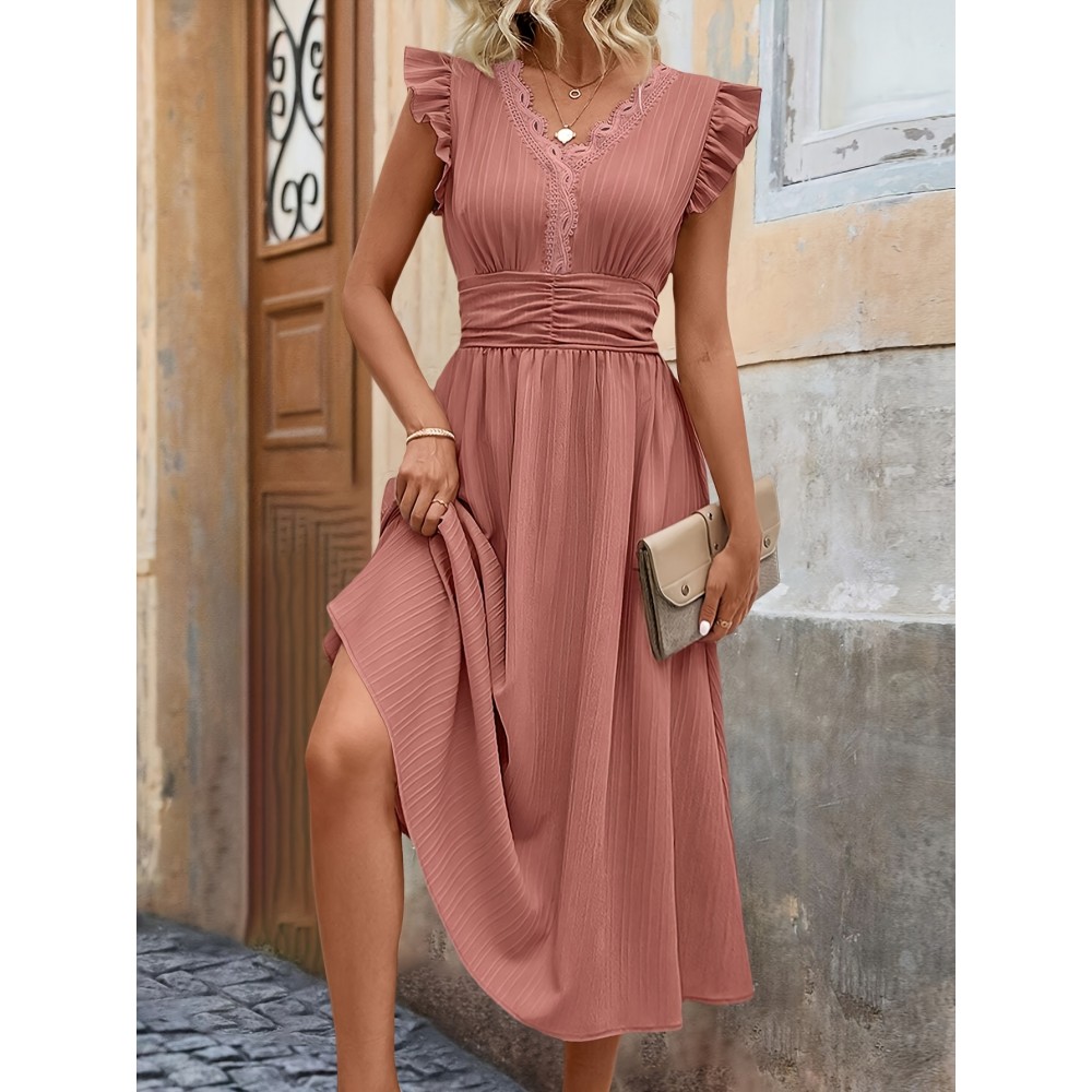 Vestido elegante sem mangas com decote em V para mulheres, com detalhe de babado - Azul claro, moda primavera/verão, atitude casual | Borda com babado | Decote em V