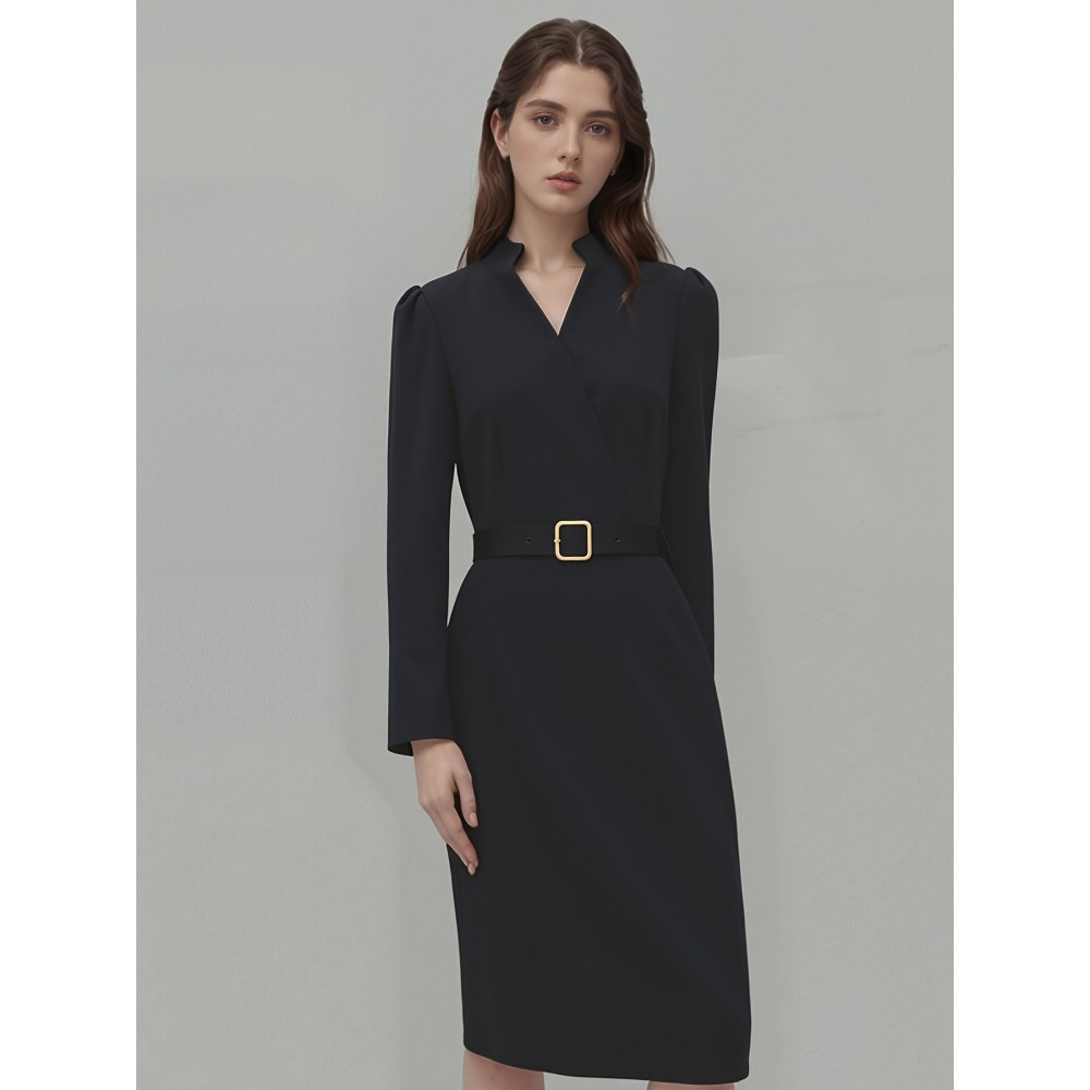 Vestido Elegante de Manga Longa para Mulheres, Vestido Slim Fit com Bolsos, Traje de Trabalho Sofisticado e Estiloso