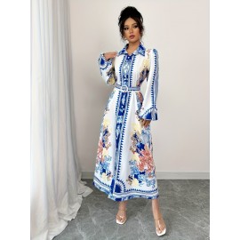 Vestido Casual Feminino com Estampa Floral Inspirado no Oriente Médio e Gola de Lapela - Manga Longa, Vestido A-Line Lavável à Máquina, Uso Versátil para Todas as Estações, Moda do Dia a Dia, Estilo Oriental, Tecido Sem Elasticidade