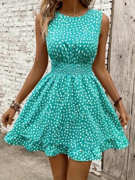 Vestido A-Line Azul Marinho e Branco com Bolinhas para Mulheres - Manga Curta, Gola Redonda com Detalhe Franzido, Lavável à Máquina, Uso Casual a Semi-Formal em Todas as Estações, Tecido Suave, Material Não Elástico, Adulto