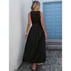 Vestido casual sem mangas em bege para mulher com detalhe em renda - Perfeito para férias e vestuário casual, estilo de verão, decote cruzado, design ajustado, vestuário casual|Vestido de férias|Detalhe em renda, vestido de praia