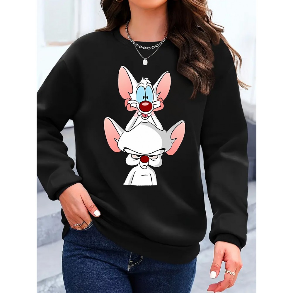 Moletom feminino Y2K elegante com gráfico de rato dos desenhos animados, Moletom com capuz de gola redonda, Top casual esportivo de manga comprida com gola redonda, Poliéster, Todas as estações, Tamanho adulto, Tecido de malha, Material elástico