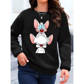Moletom feminino Y2K elegante com gráfico de rato dos desenhos animados, Moletom com capuz de gola redonda, Top casual esportivo de manga comprida com gola redonda, Poliéster, Todas as estações, Tamanho adulto, Tecido de malha, Material elástico